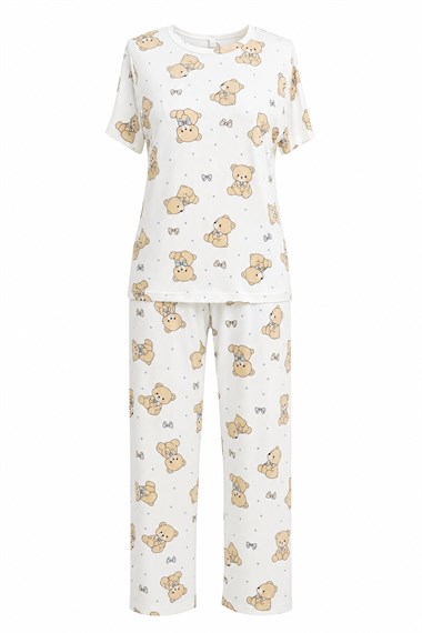 Karışık Figür Desenli Bisiklet Yaka Kısa Kol Penye Pijama Takımı -Beyaz