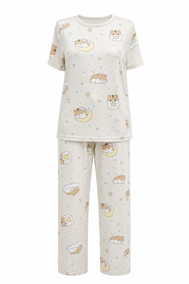 Karışık Figür Desenli Bisiklet Yaka Kısa Kol Penye Pijama Takımı -Krem