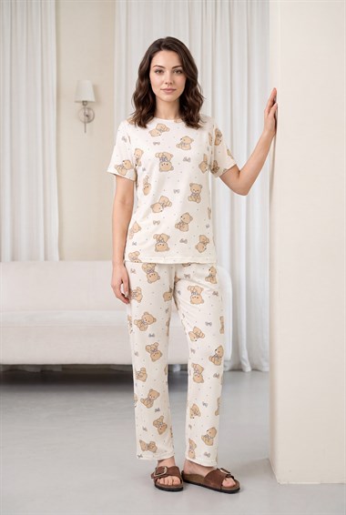 Karışık Figür Desenli Bisiklet Yaka Kısa Kol Penye Pijama Takımı -Beyaz