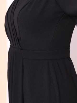 Kemer Detaylı Drapeli Tesettür Elbise -Siyah