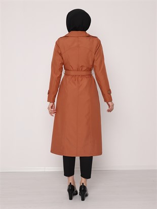 Kemerli Düğmeli Bondit Kap -Tarçın