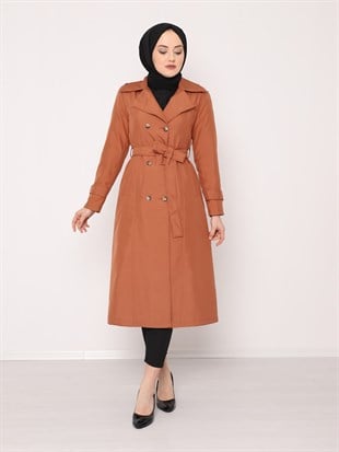 Kemerli Düğmeli Bondit Kap -Tarçın