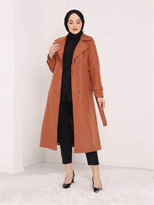 Kemerli Düğmeli Bondit Kap -Tarçın