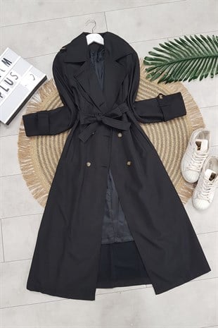 Kemerli Düğmeli Bondit Kap -Siyah