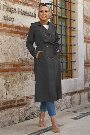 Kemerli Düğmeli Bondit Kap -Siyah