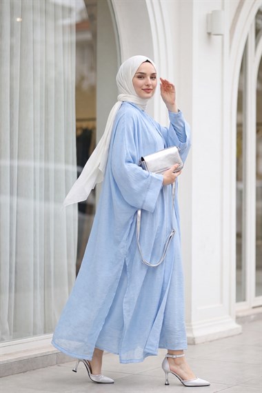 Kemerli İçlikli Taş Detaylı Astarlı Flam Tül Abaya Takım -Bebe Mavi