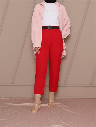 Kemerli Pileli Pantolon -Kırmızı