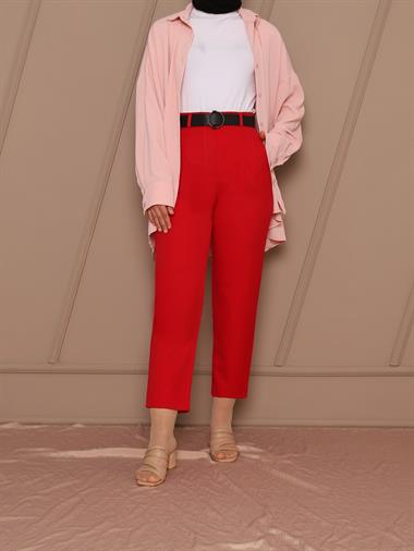 Kemerli Pileli Pantolon -Kırmızı