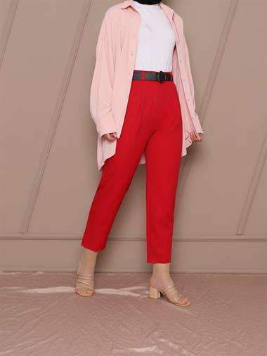 Kemerli Pileli Pantolon -Kırmızı