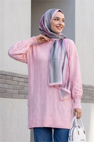 Kolları İnci Detaylı Desenli Salaş Triko Tunik  -Pembe