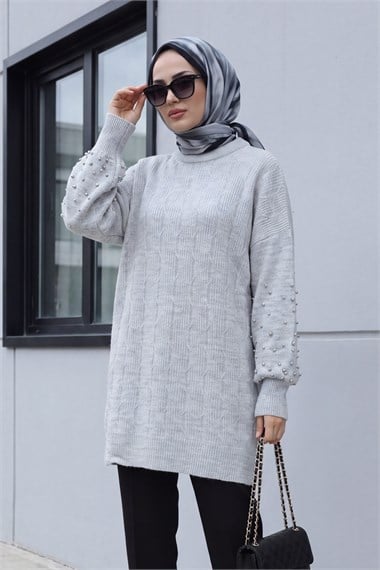 Kolları İnci Detaylı Desenli Salaş Triko Tunik  -Açık Gri
