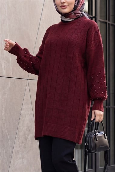 Kolları İnci Detaylı Desenli Salaş Triko Tunik  -Bordo