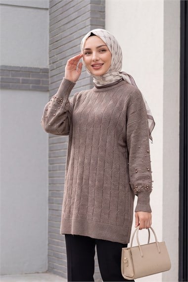 Kolları İnci Detaylı Desenli Salaş Triko Tunik  -Açık Kahverengi