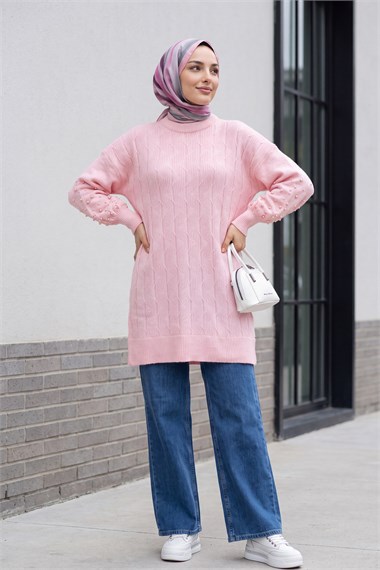 Kolları İnci Detaylı Desenli Salaş Triko Tunik  -Pembe