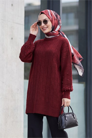 Kolları İnci Detaylı Desenli Salaş Triko Tunik  -Bordo