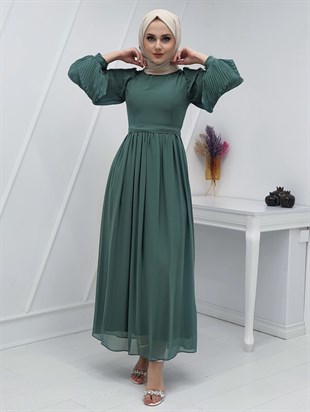 Kolları Plise Detaylı Önü Kuplu Şifon Elbise -Mint