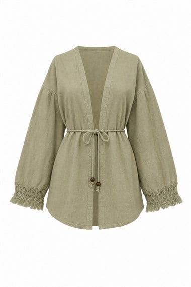 Kolları Püsküllü Beli Kemerli Keten Kimono  -Vizon