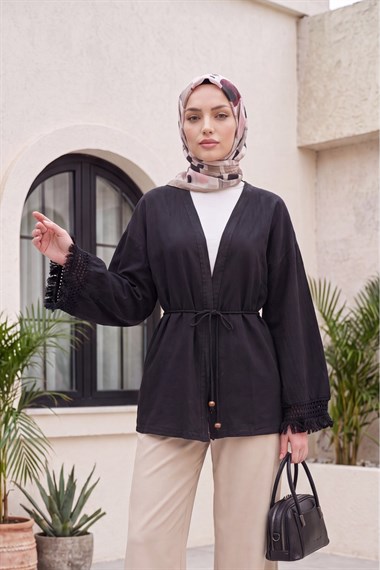 Kolları Püsküllü Beli Kemerli Keten Kimono  -Siyah