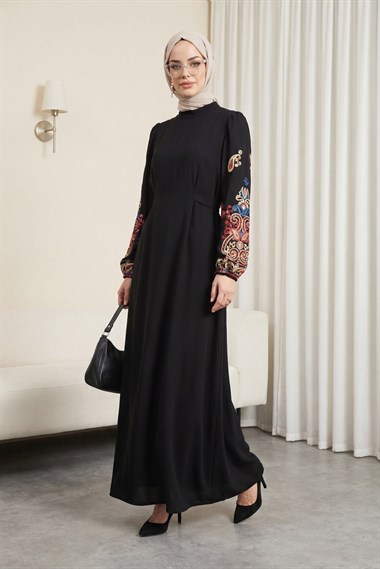 Kolu İşleme Tüllü Bağcıklı Kalem Elbise  -Fuşya