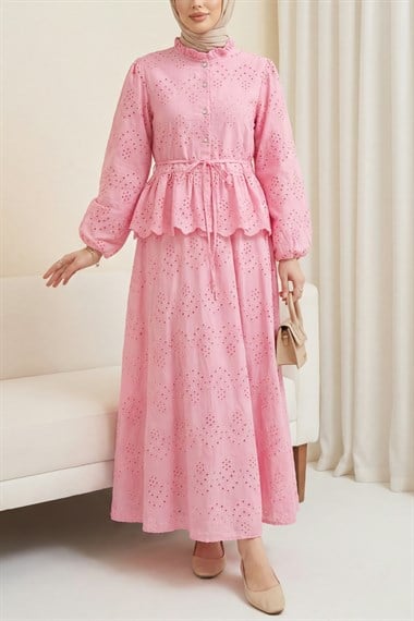 Kolu Lastikli Kemerli Astarlı İnci Düğmeli Fistolu Keten Takım  -Pembe