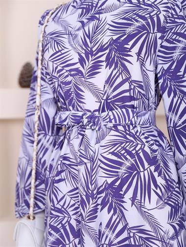 Kolu Lastikli Palmiye Desen Elbise  -Mor