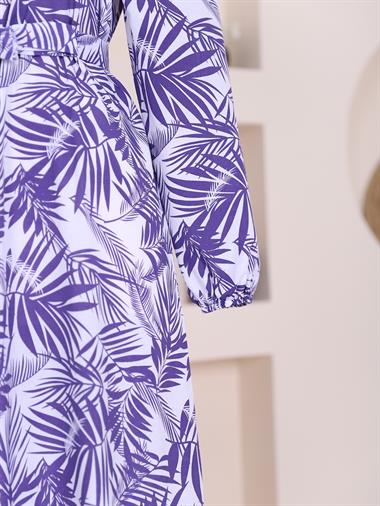 Kolu Lastikli Palmiye Desen Elbise  -Mor