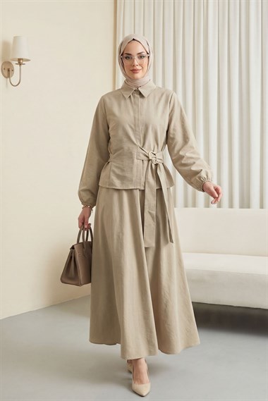 Kolu Lastikli Yandan Bağlamalı Gizli Düğmeli Cupra Takım  -Taş