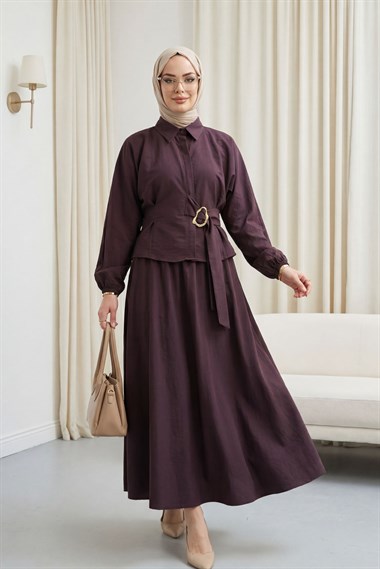 Kolu Lastikli Yandan Bağlamalı Gizli Düğmeli Cupra Takım  -Mürdüm