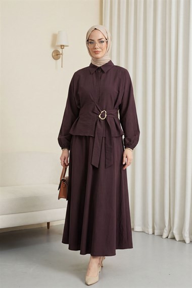 Kolu Lastikli Yandan Bağlamalı Gizli Düğmeli Cupra Takım  -K. Bordo