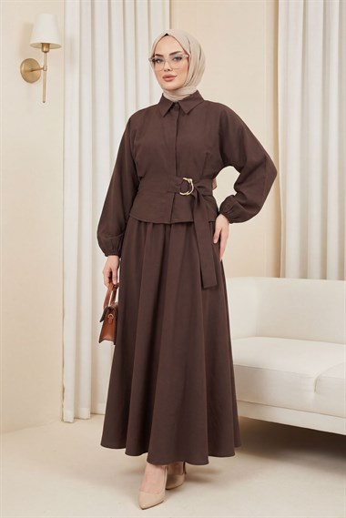 Kolu Lastikli Yandan Bağlamalı Gizli Düğmeli Cupra Takım  -Kahve
