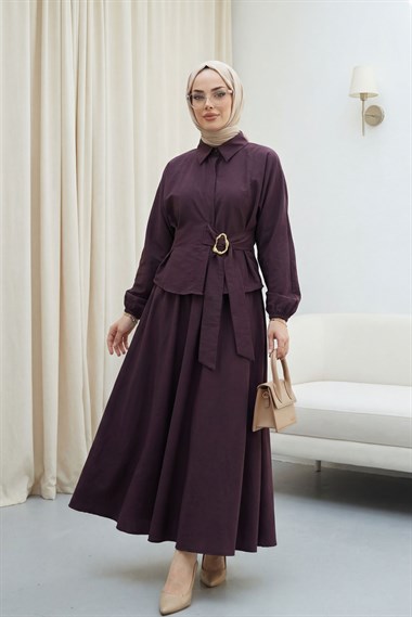 Kolu Lastikli Yandan Bağlamalı Gizli Düğmeli Cupra Takım  -K. Bordo