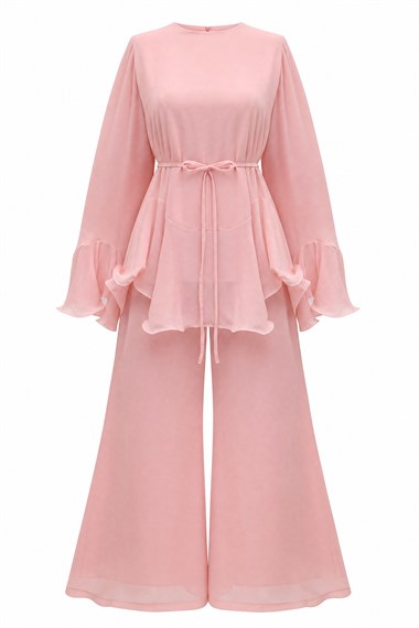 Womens Sleeve and Waist Flounced Belted Lined Pants Chiffon Set - Powder Pink