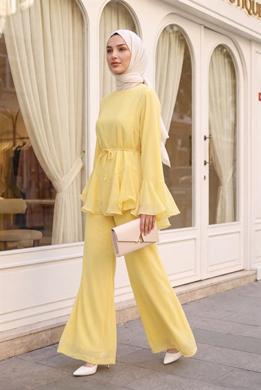 Womens Sleeve and Waist Flounced Belted Lined Pants Chiffon Set - Yellow