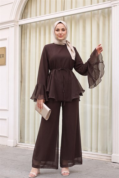 Womens Sleeve and Waist Flounced Belted Lined Pants Chiffon Set - Dark Brown