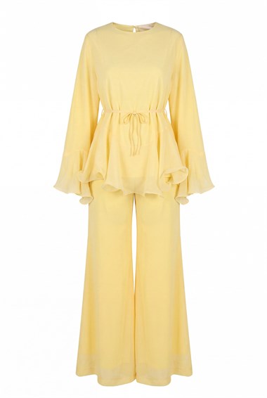 Womens Sleeve and Waist Flounced Belted Lined Pants Chiffon Set - Yellow