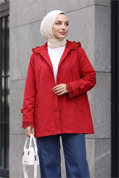 Womens Sleeve and Hood Lace Pocket Button-Front Jacket - Red