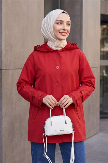 Womens Sleeve and Hood Lace Pocket Button-Front Jacket - Red