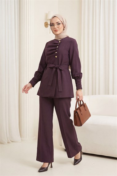 Kolu Ve Önü Katlama Detaylı Beli Kemerli Yarım Düğmeli Cupra Takım  -Mürdüm