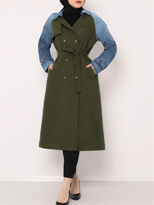 معطف طويل مع تفاصيل من الدنيم - كاكي