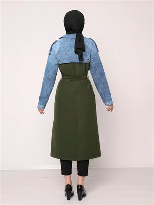 معطف طويل مع تفاصيل من الدنيم - كاكي