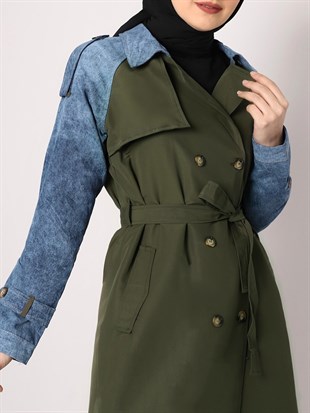 معطف طويل مع تفاصيل من الدنيم - كاكي