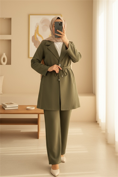 Kruvaze Yaka Çift Bağcıklı Ceket Pantolon Takım -Haki