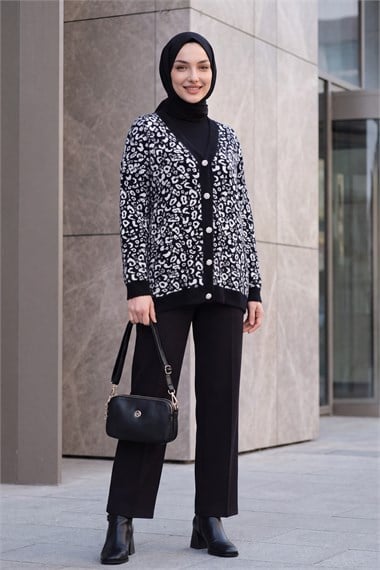 Womens Leopard Pattern Button-Front Oversized Eyelash-Knit Cardigan - Black