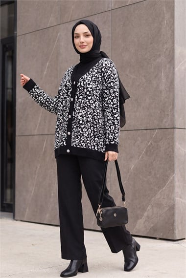 Womens Leopard Pattern Button-Front Oversized Eyelash-Knit Cardigan - Black