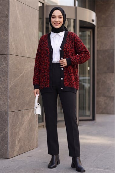 Womens Leopard Pattern Button-Front Oversized Eyelash-Knit Cardigan - Red