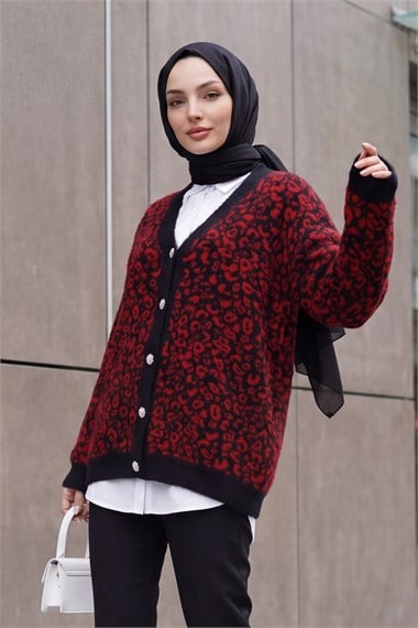 Womens Leopard Pattern Button-Front Oversized Eyelash-Knit Cardigan - Red