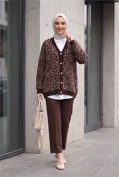Womens Leopard Pattern Button-Front Oversized Eyelash-Knit Cardigan - Dark Brown