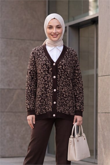 Womens Leopard Pattern Button-Front Oversized Eyelash-Knit Cardigan - Dark Brown