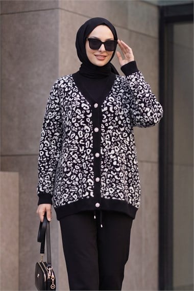 Womens Leopard Pattern Button-Front Oversized Eyelash-Knit Cardigan - Black