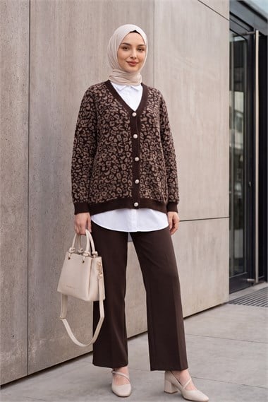 Womens Leopard Pattern Button-Front Oversized Eyelash-Knit Cardigan - Dark Brown